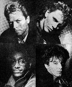 The Power Station in 1985. Top left: Robert Palmer; top right: John Taylor; bottom left: Tony Thompson; bottom right: Andy Taylor