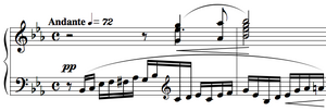 A three note melodic germ in the treble line repeats throughout the piece. Prelude Op. 23.6, Rachmaninoff.png