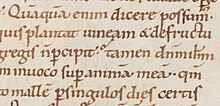 An 11th century punctus interrogativus; in the third line before "tamen". (Burgerbibliothek Bern, Cod. 162, f. 15r.) Punctus interrogativus from Bern, Burgerbibliothek Cod. 162, f. 15r.jpg