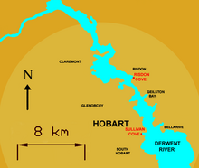 A map depicting the location of the original settlement at Risdon Cove, and the relocated settlement at Sullivans Cove RISDON1.png