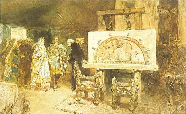 Dirk VI, Count of Holland, 1114–1157, and his mother Petronella visiting the work on the Egmond Abbey, Charles Rochussen, 1881.