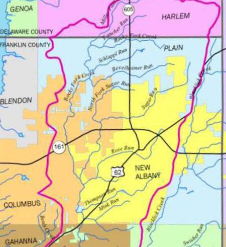 The runs of the Rocky Fork Creek and Blacklick Creek in Plain Township (blue) and New Albany (yellow), in the northeast corner of Franklin County.