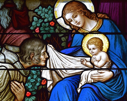 Saint Mary of the Assumption Parish (Springboro, Ohio) - stained-glass, Adoration by the Shepherds detail 2