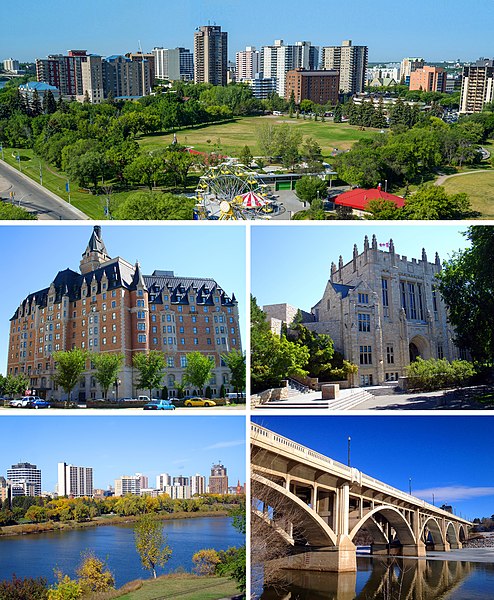 From top, left to right: Central Saskatoon, the Delta Bessborough hotel, the University of Saskatchewan, Downtown from the Meewasin trail, and the Bro