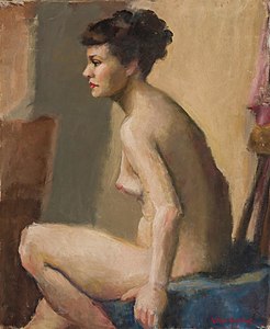 Sittande naken kvinna.