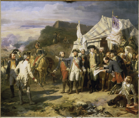 This scene precedes taking the city of Yorktown. Generals gathered in front of their tent decorated with French and American flags to give instructions to lead to victory. This table shows Rochambeau accompanied Washington on the left, giving orders; Lafayette, bareheaded, appears behind