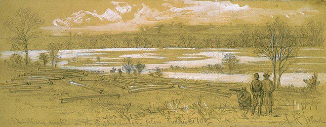 Skinkers Neck on the Rappanhannock below Fredericksburg, VA, 1862 sketch by Alfred Waud