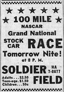 Advertisement for the race, published in the Chicago Tribune on July 20, 1956 Soldier Field NASCAR Grand National race advertisement in Chicago Tribune (July 20, 1956).jpg