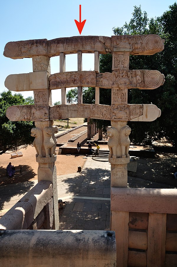 The southern gateway of the Great Stupa at Sanchi was, according to an inscription (see arrow), donated under the rule of "King Satakarni", probably S