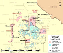 Notable subdistricts of the Lead Belt and the mines of the "New Lead Belt" Southeast Missouri Lead District - subdistricts map.svg