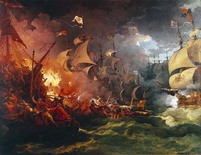 La défaite de l'armada espagnole à Gravelines, le 8 août 1588, peinture de Philippe-Jacques de Loutherbourg datant de 1796