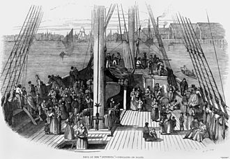 Deck of the Artemisia, emigrants on board, at Deptford Dockyard, by Frederick Smyth from the Illustrated London News, 12 August 1848 p 96 StateLibQld 1 110436 Artemisia (ship).jpg