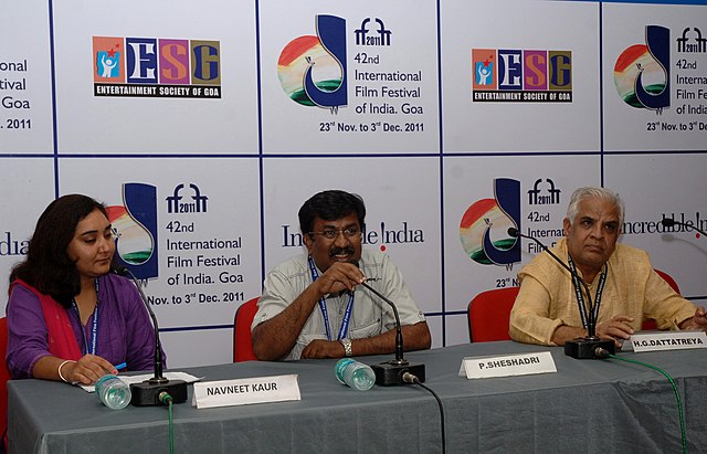 P. Sheshadri (middle) and Dattatreya (right) addressing a press conference during the 42nd International Film Festival of India, in Panaji, Goa