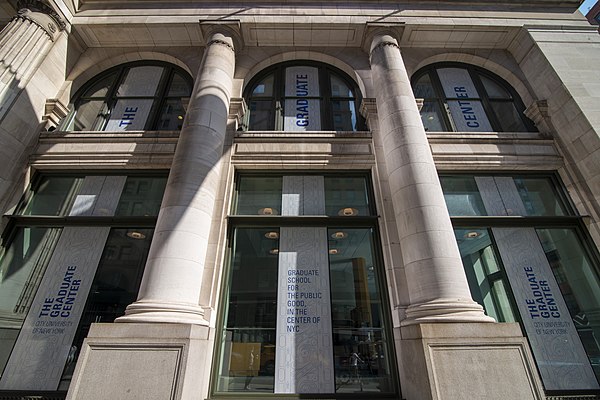 The windows of the Mina Rees Library near the corner of 5th Avenue and 34th Street.