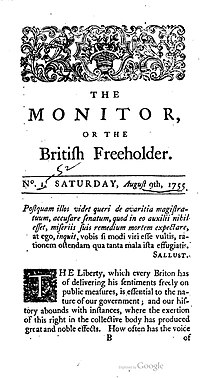 Cover page of The Monitor's first issue, 9 August 1755.