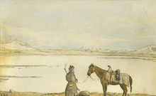 19th-century painting of lake Zorkul and a local Tajik inhabitant Thomas Edward Gordon Lake Victoria, Great Pamir, May 2nd, 1874.png