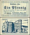 1 Pfennig Notgeldschein von Trier (1920), Entwurf von Fritz Quant, Vorderseite: ein Zitat aus der Trebeta-Sage, Rückseite: Porta Nigra