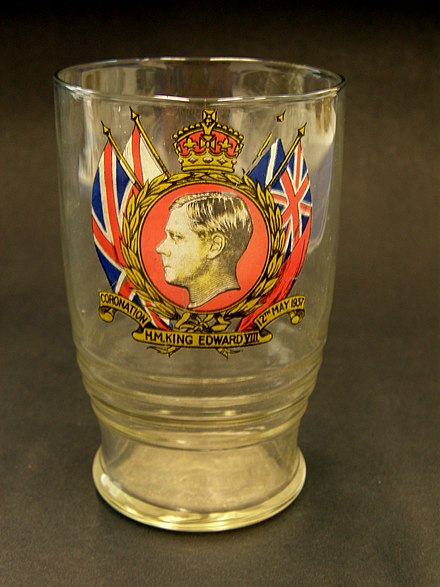 A commemorative glass tumbler, produced for the coronation of King Edward VIII, planned for 12 May 1937.