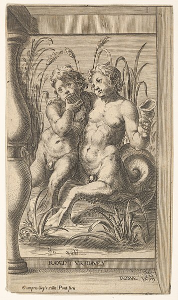 File:Two tritons embracing, one playing a panpipe, the second holding a conch shell set within a recessed space MET DP831524.jpg