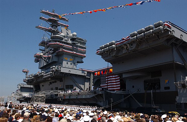 Hundreds attend the commissioning ceremony for the nuclear-powered aircraft carrier USS Ronald Reagan. Nancy Reagan, wife of the ship's namesake, gave