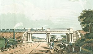 View of a bridge on the Liverpool and Manchester, with a Northumbrian-type locomotive on the left.