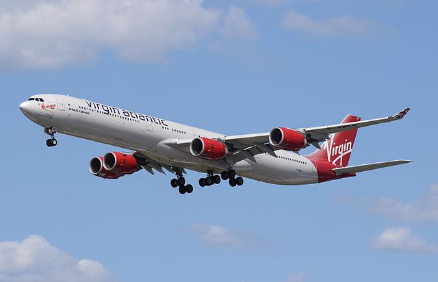 Virgin Atlantic Airbus A340 approaching London Heathrow in June 2015