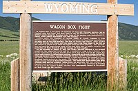 Wyoming historical marker at Wagon Box site Wagon box sign 2.jpg