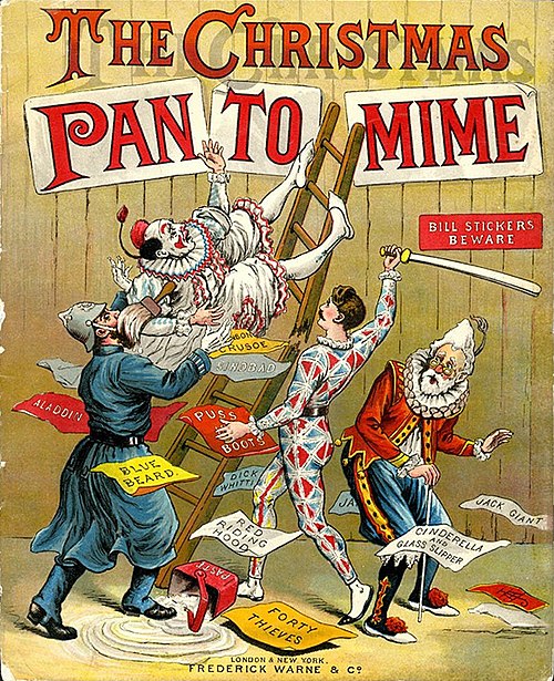 The Christmas Pantomime colour lithograph book cover, 1890, showing harlequinade characters