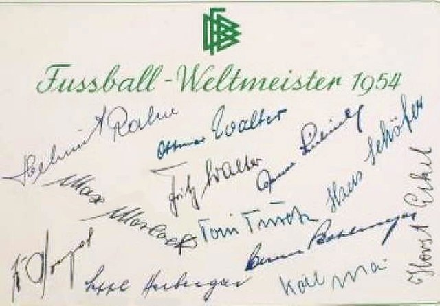 Card autographed by coach Sepp Herberger and the 11 German players that appeared in the final