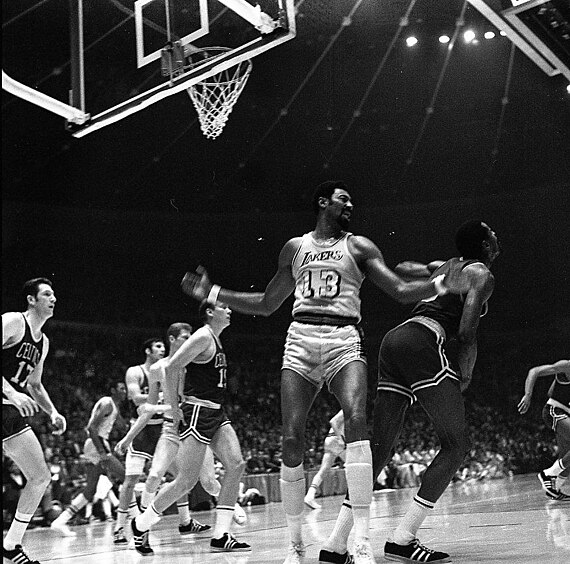 Chamberlain playing for the Los Angeles Lakers in the 1969 NBA Finals against the Boston Celtics