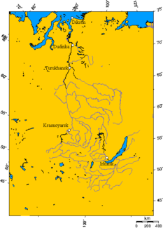 Yenisei catchment area with Lake Baikal (bottom right) and Irkutsk (both on the Angara) as well as Krasnoyarsk, Turuchansk, Dudinka and Dikson, located at the northern end of the Yenisei gulf (Kara Lake)