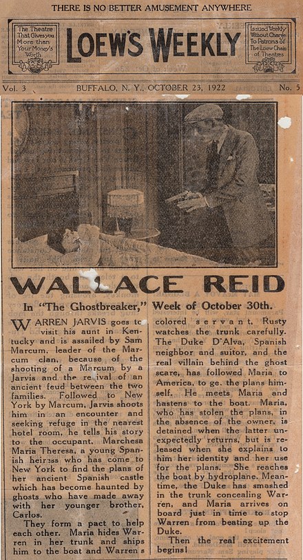 Promotional material for The Ghost Breaker (1922), one of Reid's last films.