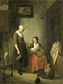 Painting of a woman breastfeeding at home, Netherlands 'Goede buren' Rijksmuseum SK-A-1052.jpeg