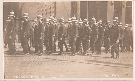 A church parade of the 13th Royal Regiment, Canadian Militia, in Hamilton, Ontario, Canada, in 1915