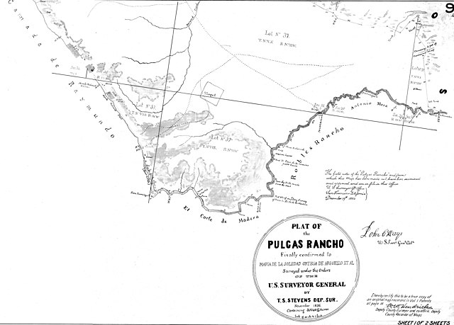 November 1856 land survey of Rancho de las Pulgas—bounded below by San Francisquito Creek—indicating the "Palo Alto Redwoods" (above "Robles Rancho")