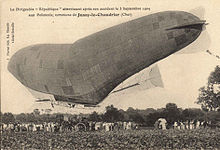 The damaged Republique prepares to land at Jussy-le-Chaudrier on 3 September 1909, after its engine overheated. 1909-09-03 Damaged Pollcards Jussy.jpg