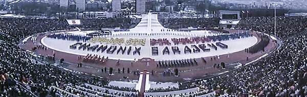 Panoramic view of Koševo Stadium during the 1984 Winter Olympics opening ceremony.