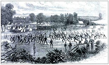 Camp Johnson, near Winchester, Virginia. This engraving shows the 1st Maryland Infantry Regiment "playing football before evening parade". Published in Harper's Weekly on August 31, 1861. The Marylanders wear uniforms received in May and June 1861 1st Maryland Regiment.jpg