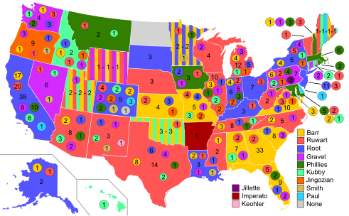 Detailed map on the 1st ballot for the 2008 presidential nomination by individual state delegations 2008LibertarianPresidentialNominationVote1stBallotPathed.svg