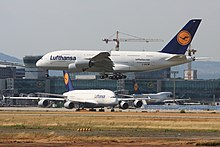 Two Lufthansa Airbus A380s at Frankfurt Airport 2010-07-21 A380 LH D-AIMB EDDF 06.jpg
