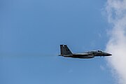 An F-15C Eagle, tail number 86-0163, taking off from RAF Lakenheath in England. The aircraft was assigned to the 493rd Fighter Squadron.