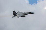 An F-15C Eagle, tail number 86-0164, taking off from RAF Lakenheath in England. The aircraft was assigned to the 493rd Fighter Squadron.