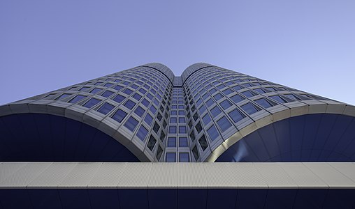 Unusual perspective of the BMW Tower (known as "4 Cylinders"), host of the BMW Group headquarters, Munich, Germany