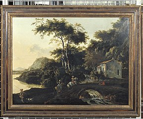 Italian landscape with horsemen on a bridge