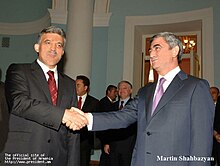 Armenian President Serzh Sargsyan meets with Turkish President Abdullah Gul in Yerevan, 6 September 2008 Abdullah Gul in Armenia (2008-09-06) 01.jpg