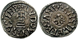 A denarius minted by Prince Adelchis of Benevento in the name of Emperor Louis II and Empress Engelberga, showing the expansion of Carolingian authori