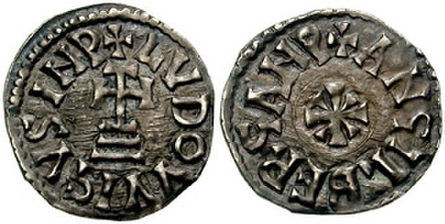 A denarius minted by Prince Adelchis of Benevento in the name of Emperor Louis II and Empress Engelberga, showing the expansion of Carolingian authori