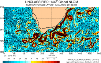 Eddies of the Agulhas Current meander past the Agulhas Bank leaking warm and salty water into the South Atlantic before retroflecting back into the Indian Ocean Agulhas Current NLOM .png