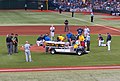 A stretcher is brought in for Tampa Bay Rays pitcher Alex Cobb after he was hit in the head by a line drive, 2013