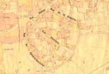 The footprint of the amphitheater of Tours on the Napoleonic cadastre of 1836 . Amphitheatre Tours cadastre napoleonien legende.png